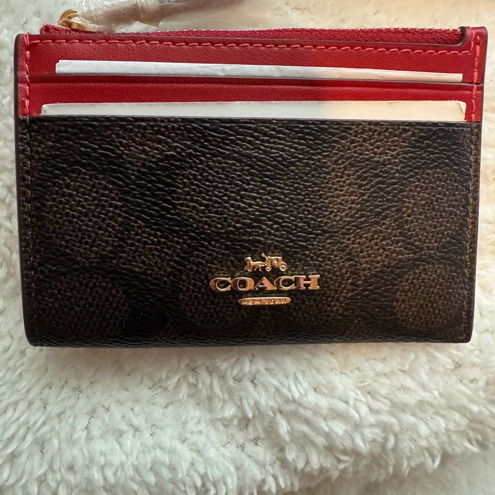 Coach Signature Brown and Red Key Card Holder